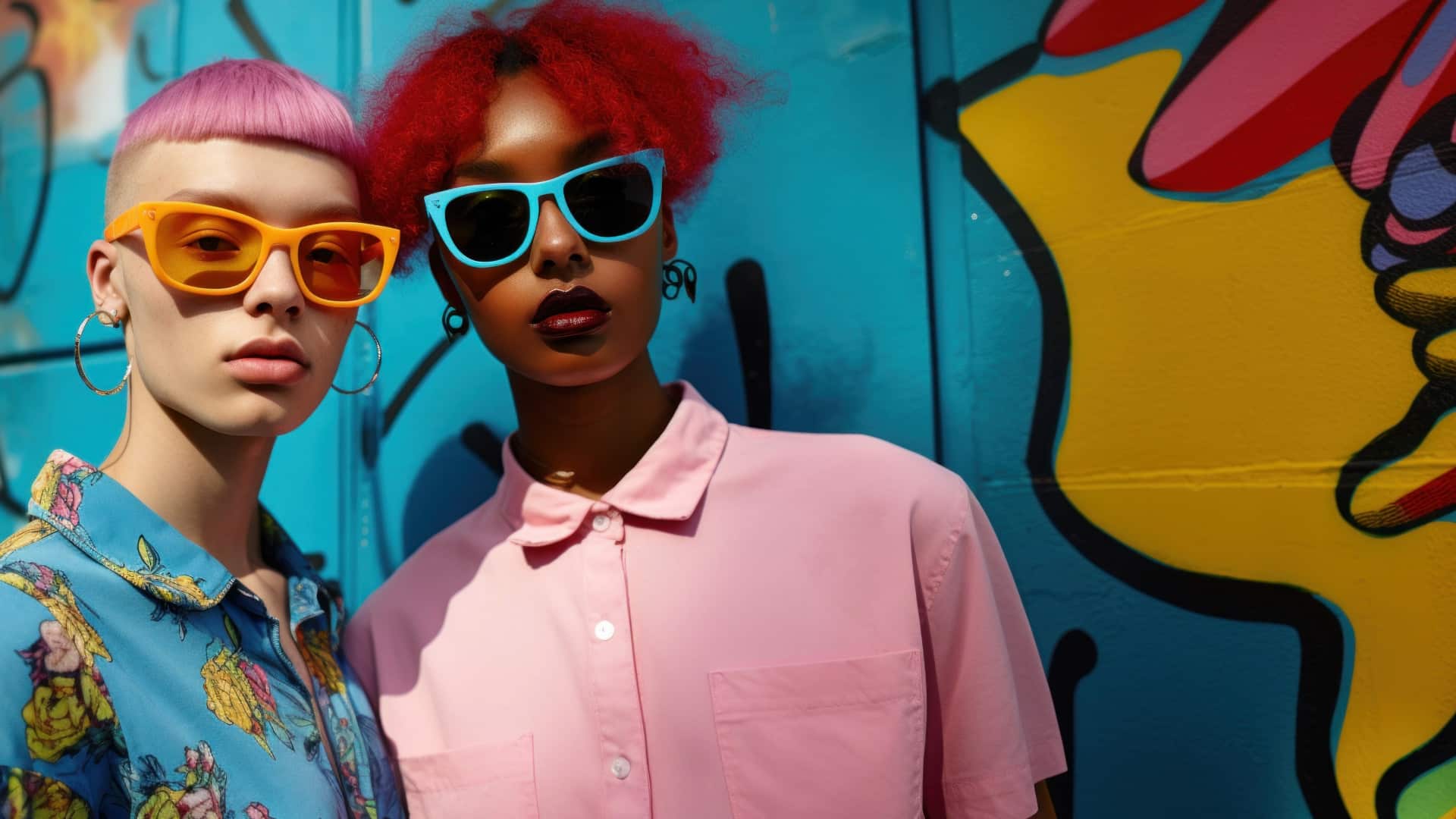 Two Black young people with bright sunglasses standing in front of a bright abstract wall demonstrating authenticity in action by not being afraid to be themselves.