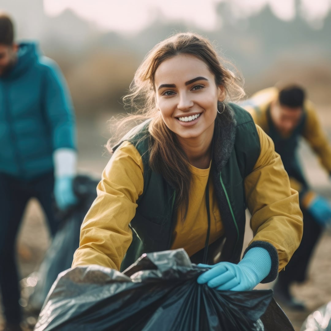 A woman doing community service with a smile as she is exploring personal values and finding inner beauty.