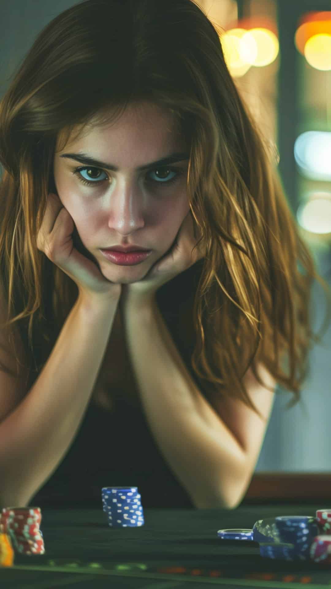 Young woman with auburn hair past her shoulders with her elbows on a poker table with a few chips stacked in front of her, holding her head in her hands looking frustrated with her luck to show the need for addiction counseling.