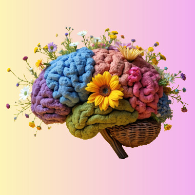 adhd A multi colored ADHD brain model with small flowers and one large yellow flower sprouting out of it.