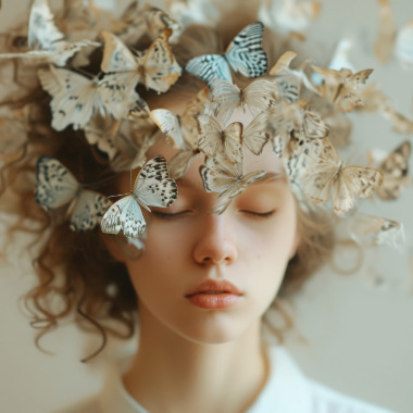 adult adhd diagnosis A young adult with light brown curly hair with her eyes closed and a kaleidoscope of butterflies swarming around her head representing her need for an adult adhd diagnosis.