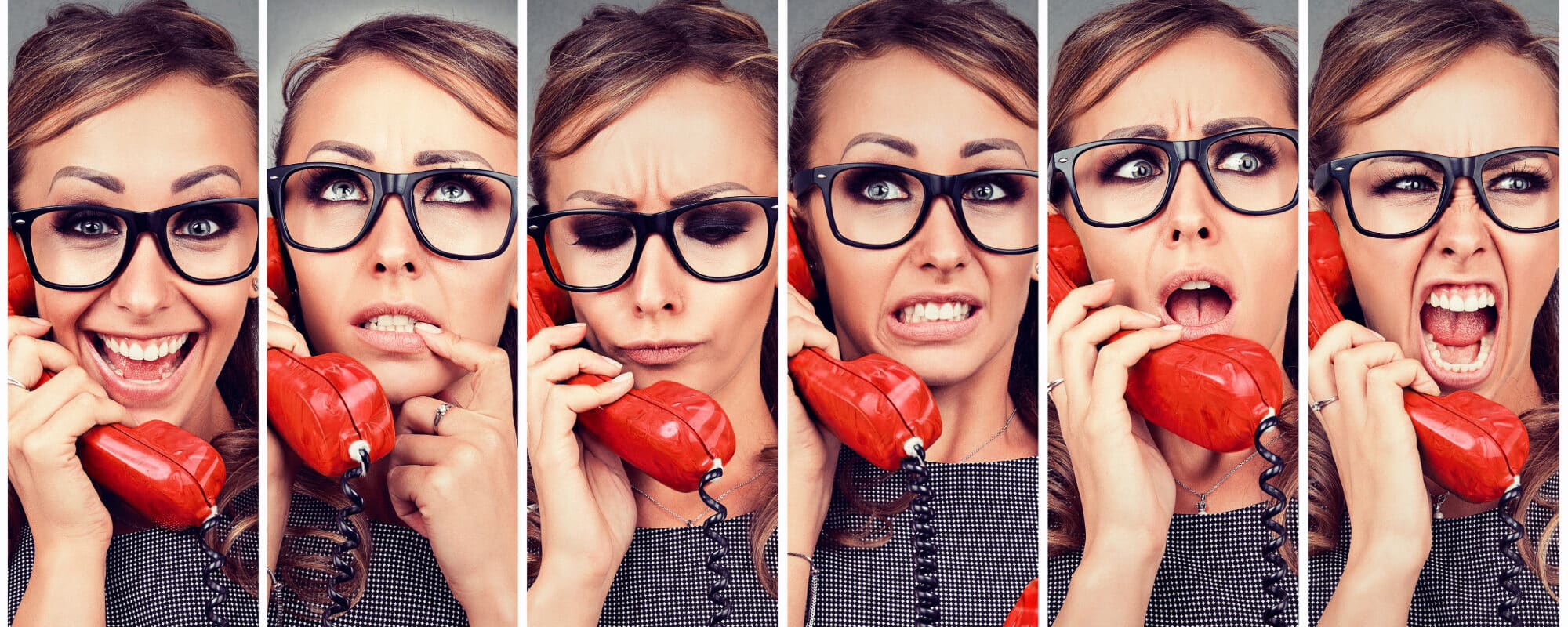 Six photos of the same woman with straight brown hair pulled back wearing black rimmed glasses talking on a red phone, each showing a different emotion - happy, pondering, serious, concerned, doubtful, and angry to demonstrate the sudden changes in mood that are common in adult PDA behaviors.