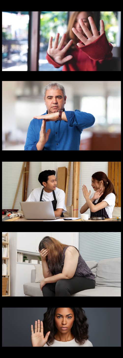 A strip of five photos with black borders shows different hand signals being used when challenges in pda communication make it impossible to speak. In the top photo, a woman is holding her hands in front of her face with her fingers spread out. The second photo shows an older man making a time-out signal by forming the capital letter "T" with one hand making the horizontal line and the other making the vertical line. In the third photo, a couple sits at a table in front of a laptop. The wife signals by creating the capital letter "X" in front of her chest with her forearms. The fourth photo is of a woman sitting on a white couch, leaning on her knees and signaling by putting her hand over her eyes. In the last photo at the bottom, a black woman with a serious look clearly holds up her hand as a signal she needs to stop and take a break.