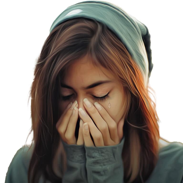 Photo of a young woman wearing a green hoodie crying into her hands before she begins working with her complex ptsd therapist in california.