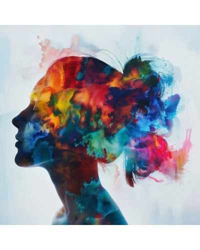 A silhouette of a woman's head with her hair up in a bun, and many watercolor-like colors are emanating from her brain to represent the unique qualities that therapy for neurodiversity incorporates into each session to find individualized solutions.