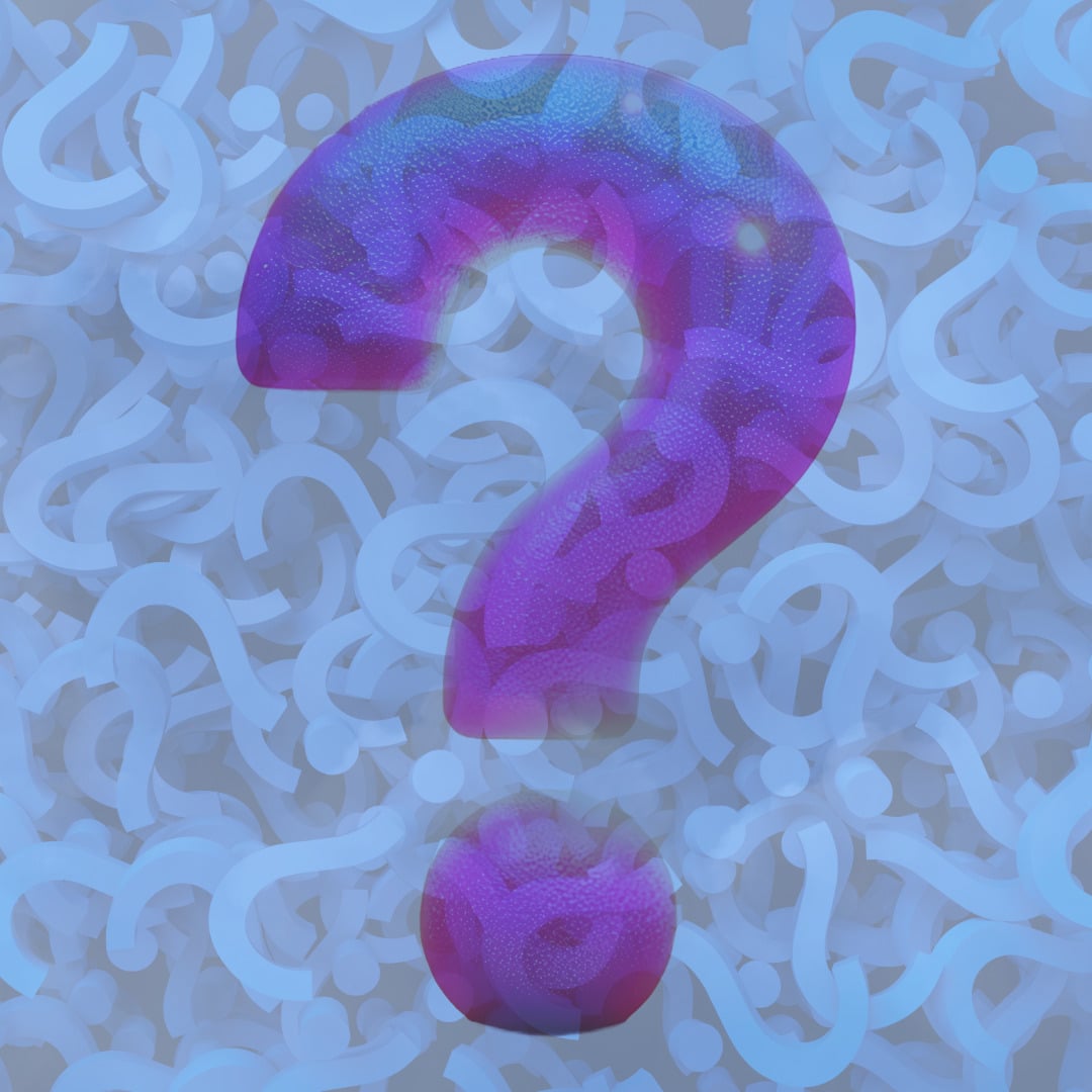 An image of a large purple, pink, and blue question mark with an overlay of a mess of small question marks to represent the frequently asked questions about addictions and substance use disorder.