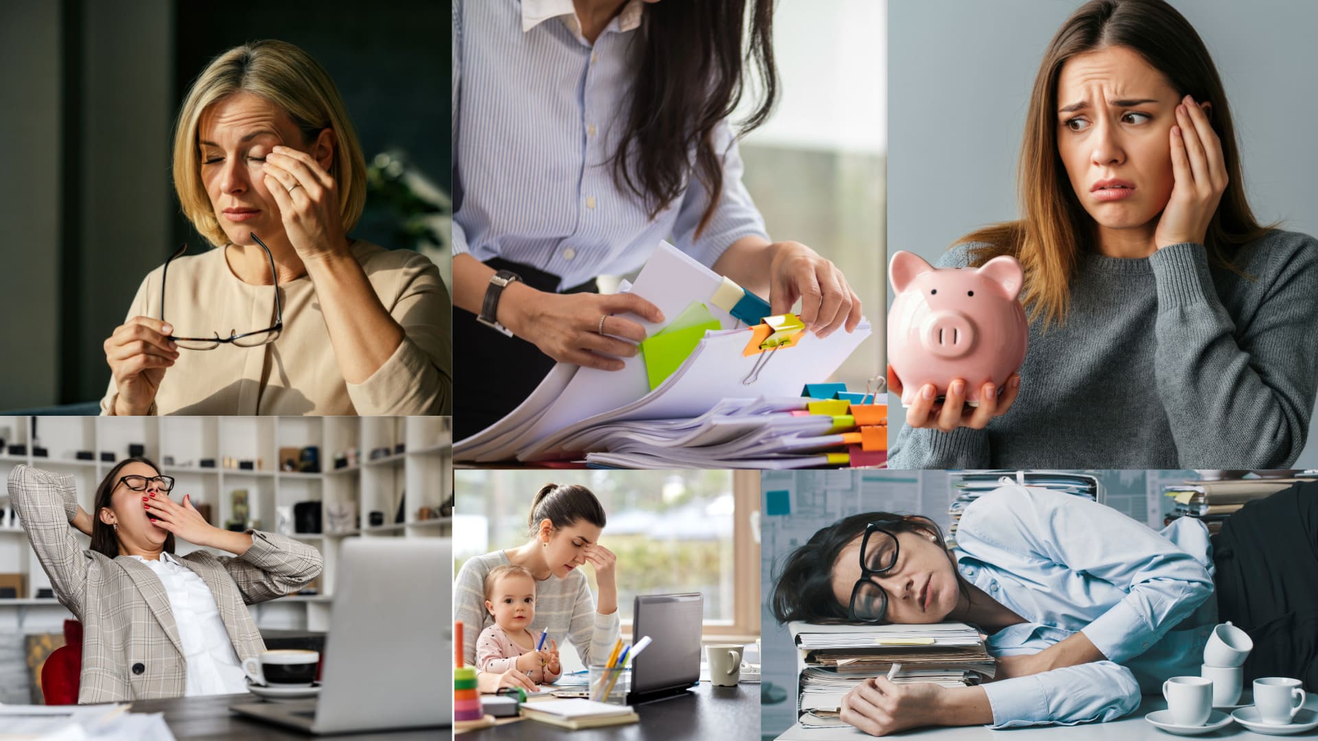 A collage of photos of overworked and underpaid women who work for venture capitalist online programs for addiction treatment. The top 3 photos from left to right show a woman in a suit with her glasses in one hand while rubbing her opposite eye, the torso of a woman showing her organizing a stack of paperwork, and a woman holding a pink piggy-bank looking concerned and upset. The bottom row left to right shows a woman in her home office leaning back yawning and covering her mouth, a mother with a baby on her lap exasperated in front of her computer, and a woman who has fallen asleep on a stack of files next to several empty espresso cups.