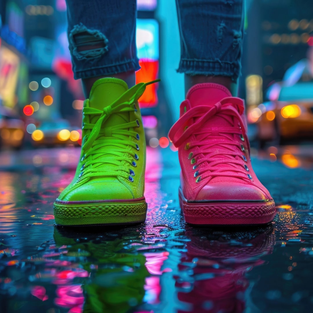 A photo taken on a rainy day on that shows the feet and ankles of someone standing in the wet street wearing high-top shoes. One is lime green and one is hot pink to show they are overcoming social expectations by breaking free from norms.