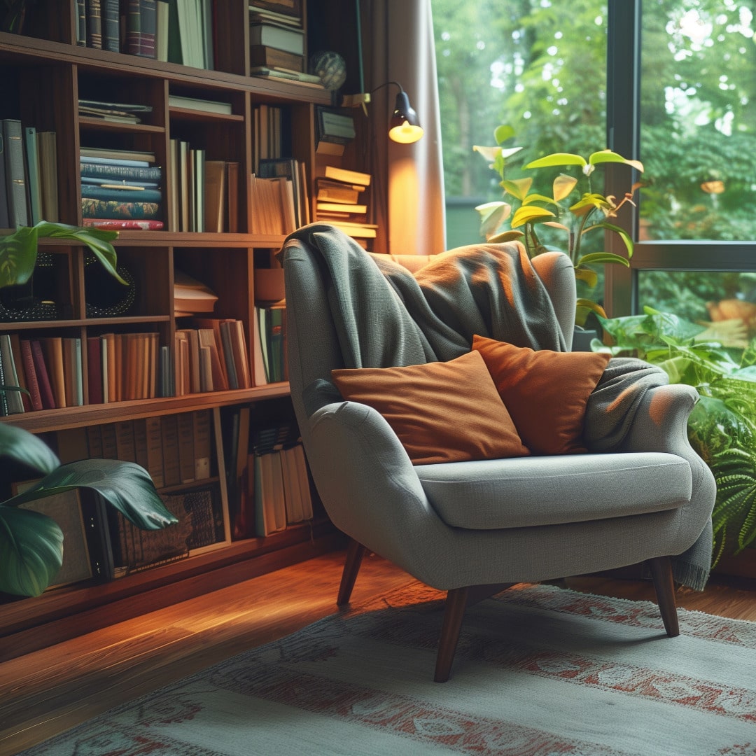 A comfy gray chair with two rust-colored pillows and a grey throw in a quiet corner with a window and plants on the right side and dark wooden bookcase behind on the left and a houseplant with large leaves just coming into the scene on the far left to demonstrate a soothing environment for PDA and ADHD.