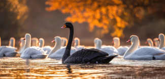 permission to be authentic A black swan swimming among white swans swimming under fall leaves to give us permission to be authentic with our ADHD brains.