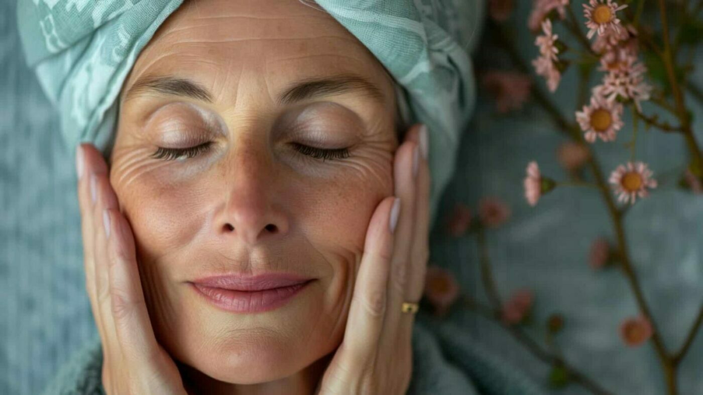 A woman with a wrap on her head and a content look after a facial holding her face in her hands practicing self-compassion and demonstrating how to show kindness towards yourself.