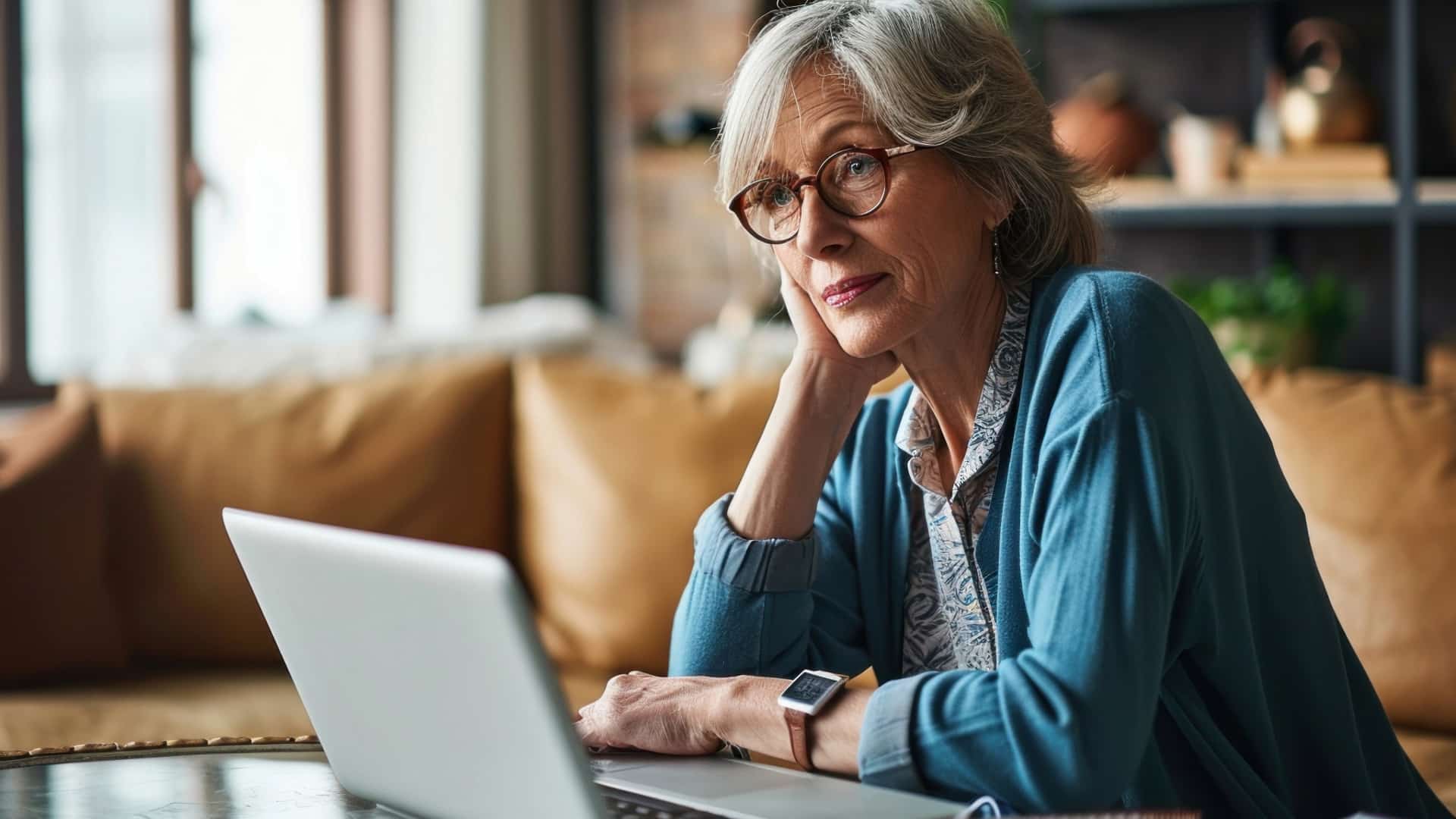 A tired woman with gray hair sitting at a table leaning toward to her laptop participating in therapy for caregiver burnout.